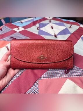 Coach Metallic Long Wallet Red/Burgundy Classic Style